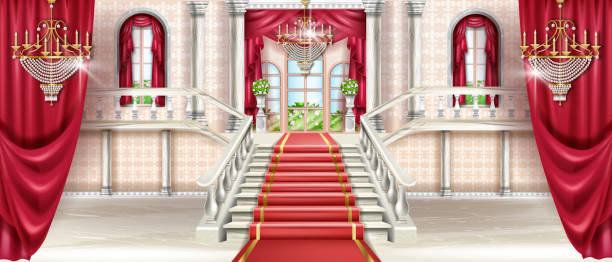 ilustrações de stock, clip art, desenhos animados e ícones de palace interior background, vector castle ballroom hall, medieval royal kingdom room illustration. - house column residential structure fairy tale