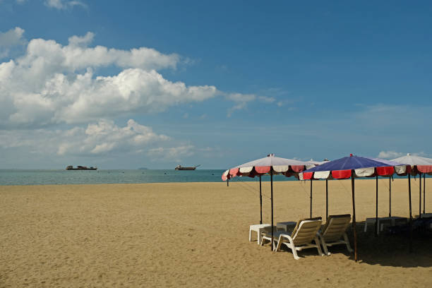 istock Sea beach with umbrellas and sunbeds 1369365597