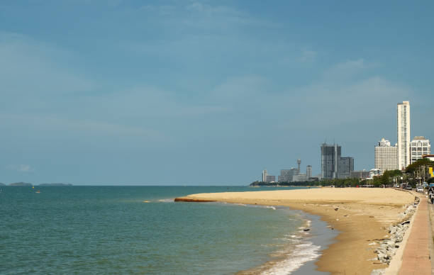 istock Moderm city on horizon and sea 1369365608