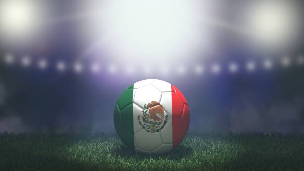 soccer ball in flag colors on a bright blurred stadium background. mexico. - mexican flag mexico flag digitally generated image imagens e fotografias de stock