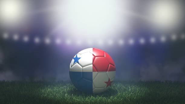 Soccer ball in flag colors on a bright blurred stadium background. Panama. Soccer ball in flag colors on a bright blurred stadium background. Panama. 3D image 3d panama flag stock pictures, royalty-free photos & images