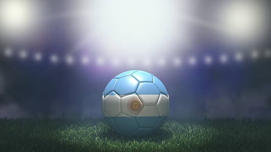Soccer ball in flag colors on a bright blurred stadium background. Argentina. 3D image