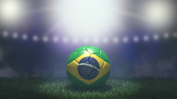 明るいぼやけたスタジアムの背景に旗の色でサッカーボール。ブラジル。 - ワールドカップ ストックフォトと画像