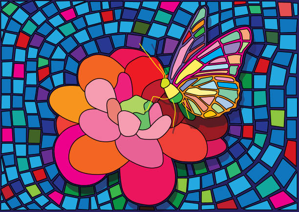 butterfly and flower colorful design glass stained mosaic blur background illustration vector Multicolored glass bright on blue background and colorful  Texture.
Is a mosaic glass that is used to decorate a picture of a window door. hoverfly stock illustrations