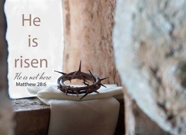 Crown of thorns with Shroud on Empty Tomb and text Matthew 28:6. Crown of thorns with Shroud on Empty Tomb and text Matthew 28:6. Easter or Resurrection concept. He is Risen. resurrection sunday stock pictures, royalty-free photos & images