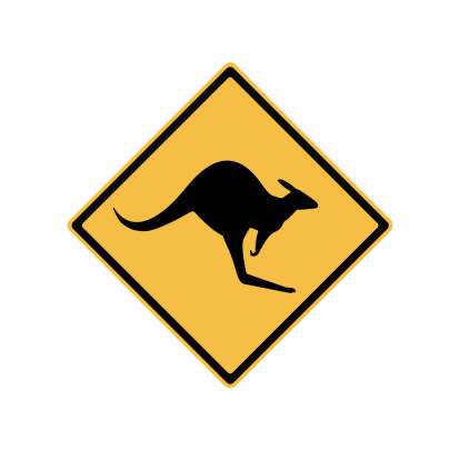 Yellow and black kangaroo warning road sign created in photoshop isolated on white background with clipping path