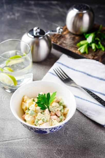 istock Dinner table with different dishes, set menu for nutritious healthy lunch in restaurant, business lunch 1369372286