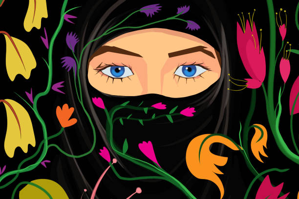 Hijab filled with flowers Illustration of a black hijab filled with different types of flowers, representing love and peace burka stock illustrations