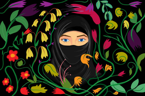 Muslim woman Illustration of a black hijab filled with different types of flowers, representing love and peace burka stock illustrations