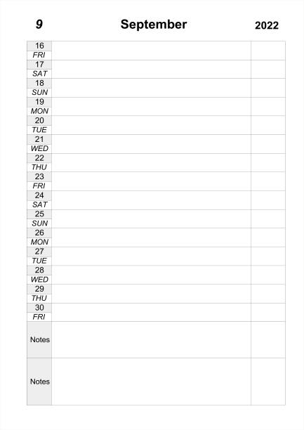 planejador de calendário para a segunda quinzena de setembro de 2022. planejador mensal - 16368 - fotografias e filmes do acervo