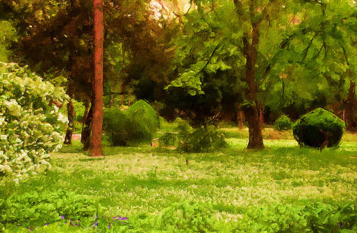 Oil landscape painting showing public park.