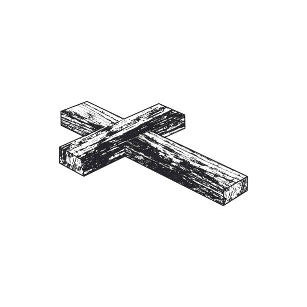 illustrations, cliparts, dessins animés et icônes de illustration en noir et blanc d’une croix en bois sur fond blanc. - cross shape cross rough wood