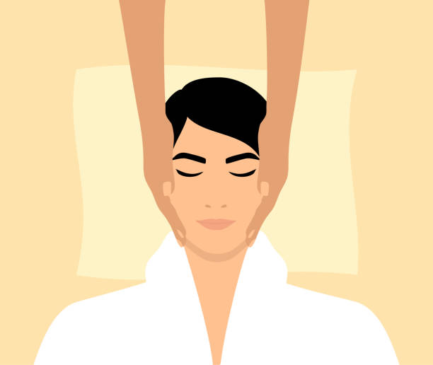 ilustraciones, imágenes clip art, dibujos animados e iconos de stock de masaje facial en un salón de belleza o spa. esteticista masajea la cara de un hombre caucásico - massage therapist illustrations
