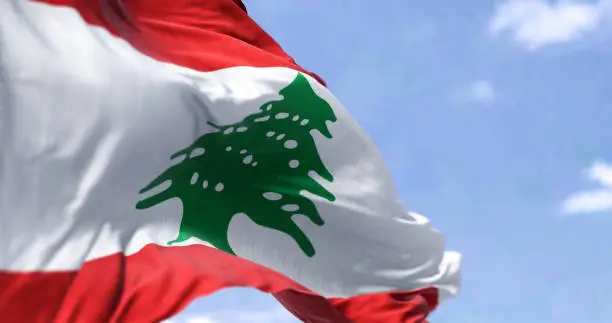 Detail of the national flag of Lebanon waving in the wind on a clear day. Patriotism. Selective focus. Western asian country. Green Lebanon Cedar tree