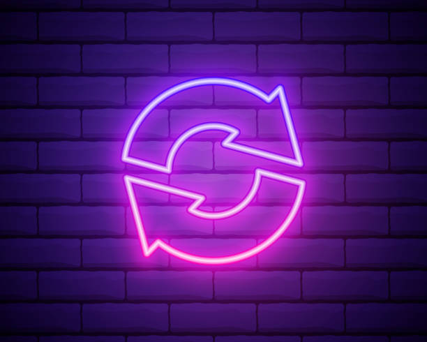 Glowing neon line Refresh icon isolated on brick wall background. Reload symbol. Rotation arrows in a circle sign. Vector Illustration Glowing neon line Refresh icon isolated on brick wall background. Reload symbol. Rotation arrows in a circle sign. Vector Illustration. undo key stock illustrations