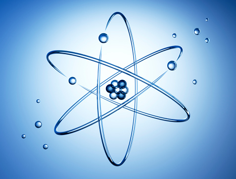 Atom nucleus with electrons on blue background - 3D illustration