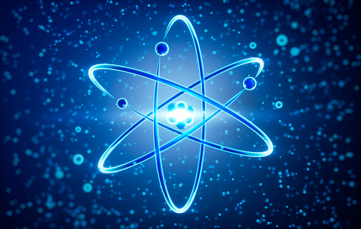 Atom nucleus with electrons on blue background - 3D illustration