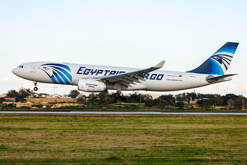 Luqa, Malta - January 18, 2022: EgyptAir Cargo Airbus A330-243(P2F) (REG: SU-GCJ) arriving from London Heathrow.
