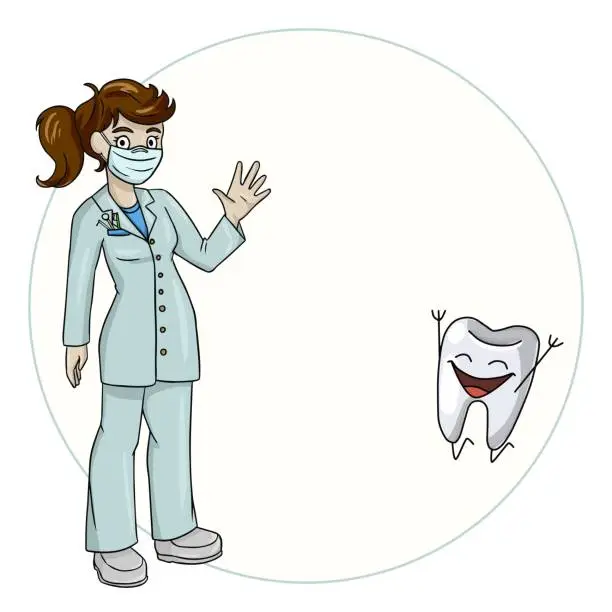 Vector illustration of Dentist-a woman smiles, a cheerful character tooth, take care of their health. Vector