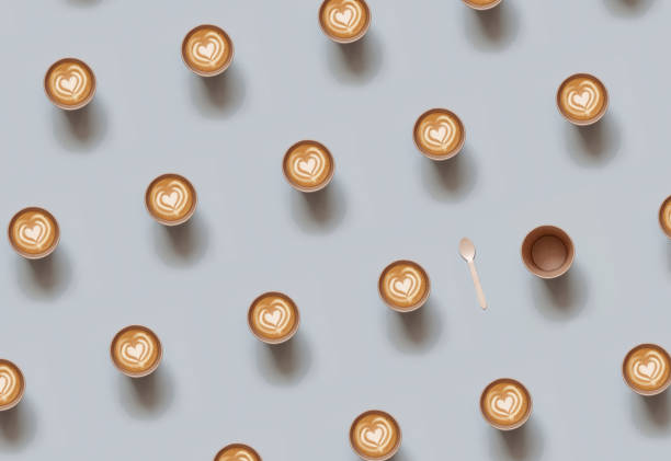 repeating pattern of eco-friendly disposable cup with heart shape latte coffee over gray background. top view - coffee take out food cup paper imagens e fotografias de stock