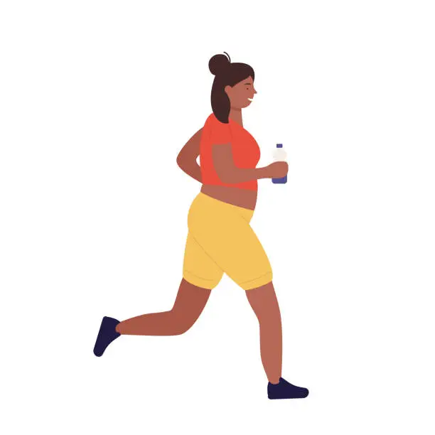 Vector illustration of Overweighted girl running holding bottle of water