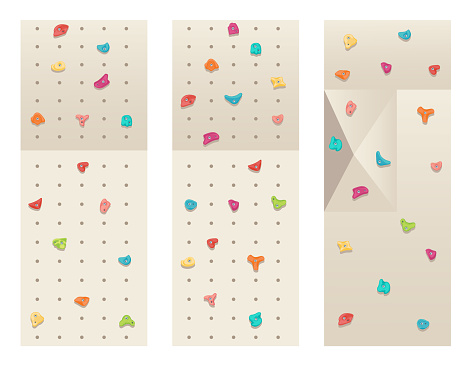Holds for rock climbing on bouldering wall. Grips and pitches for extreme sport competition. Vector illustration.