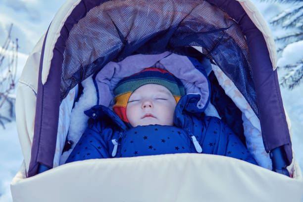 Infant baby boy sleeping in a pram, winter park near snow-covered trees. Toddler child in a stroller among snowy Christmas trees in the forest Infant baby boy sleeping in a pram, winter park near snow-covered trees. Toddler child in a stroller among snowy Christmas trees in the forest baby stroller winter stock pictures, royalty-free photos & images