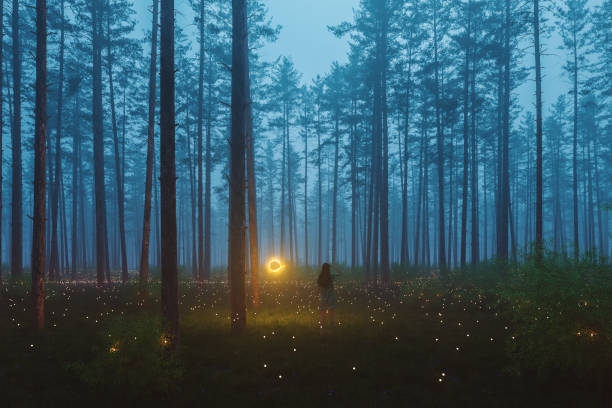 istock Woman standing in fantasy forest at night 1369390847