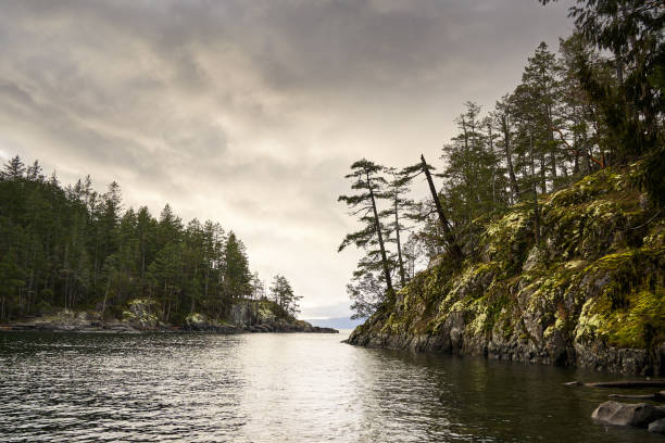 Scenic inlet on a rocky coastline with a dramatic sky