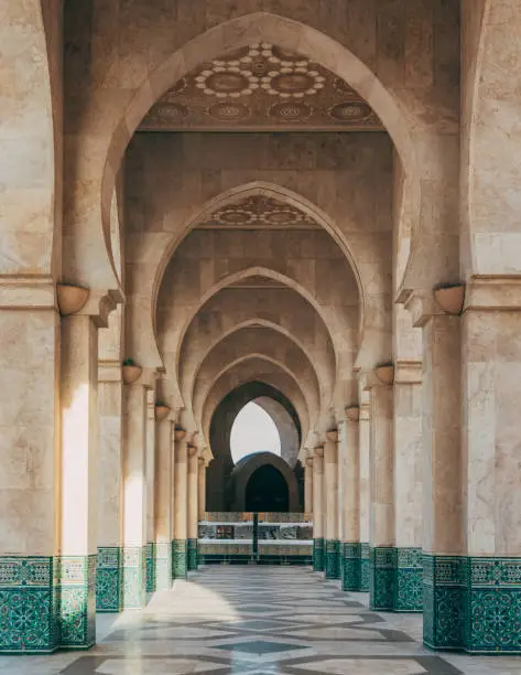 Intricate detail of craftsmanship in the archways at the Hassan II Mosque in Casablanca, Morocco