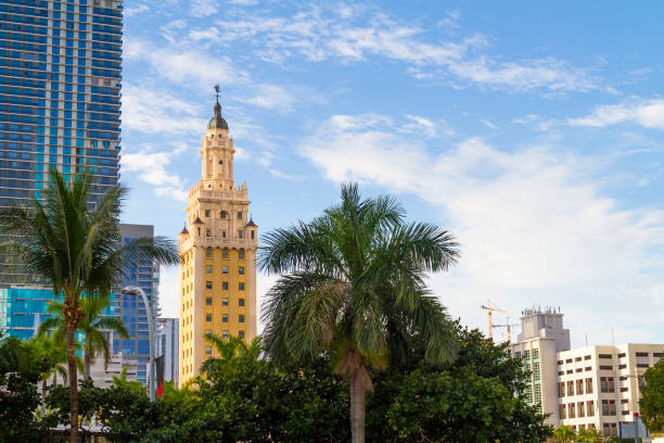 vista generale del paesaggio al mattino presto della freedom tower e dello skyline a miami downtown, miami, florida, usa. - miami dade foto e immagini stock