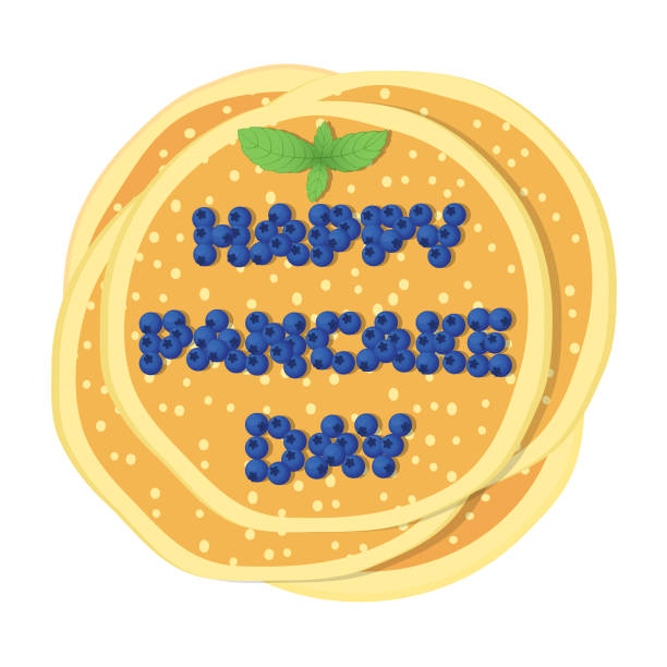 pancakes are stacked on top of each other with an inscription of blueberries, happy pancake day, mint leaves. vector illustration, flat cartoon color design, top view, isolated on white background. - 懺悔星期二 幅插畫檔、美工圖案、卡通及圖標