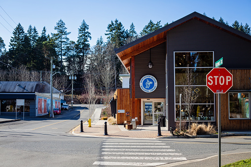 Chemainus, Canada - February 7, 2021. Vancouver Island Regional Library services Vancouver Island, the Gulf Islands, and Haida Gwaii. The branch in Chemainus, a small town in the Municipality of North Cowichan on Vancouver Island, sits opposite the Public Market and Waterwheel Park.