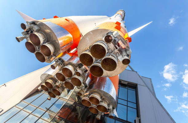 Space rocket engines of the russian space launch vehicle over blue sky background