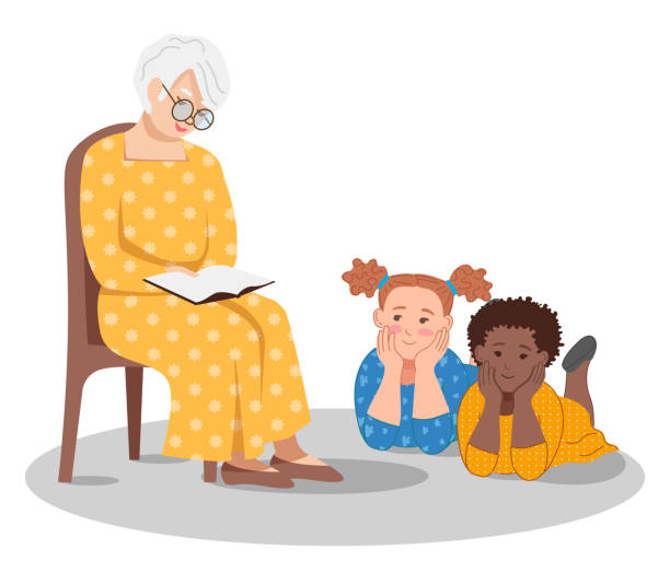 grandmother sits on a chair and reads a book to children. Little girls lie on the mat and listen to how the grandmother reads a fairy tale. Illustration on the theme of active pensioners. Vector illustration grandmother sits on a chair and reads a book to children. Little girls lie on the mat and listen to how the grandmother reads a fairy tale. Illustration on the theme of active pensioners. Vector illustration kids reading clipart stock illustrations