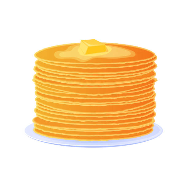 Thin pancakes stacked on a plate, with butter. Vector illustration, flat realistic cartoon design, isolated on white background, eps 10. Thin pancakes stacked on a plate, with butter. Vector illustration, flat realistic cartoon design, isolated on white background, eps 10. ruddy turnstone stock illustrations