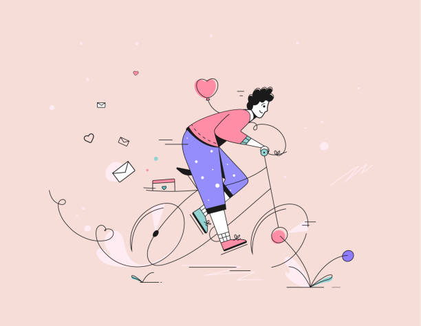 ilustracja wektorowa na walentynki. facet jeździ na rowerze z prezentami. - heart shape pink background cartoon vector stock illustrations