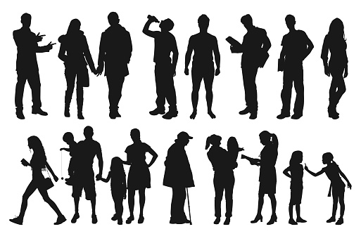 Set of city people silhouette on white background isolated.