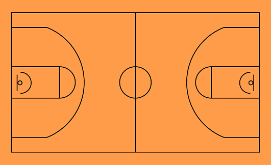 Basketball court with black line marking. Realistic playground top view with floor. Flat vector illustration on orange background.