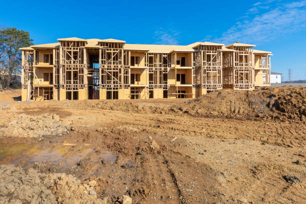 Wide Angle View Of New Apartment Building Under Construction stock photo
