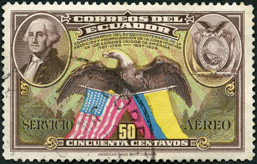 Postage stamp printed in Ecuador shows  Eagle and Flags