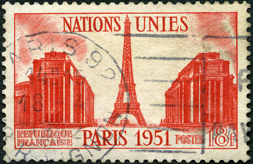 Postage stamp printed in France shows Chaillot Palace and Eiffel Tower