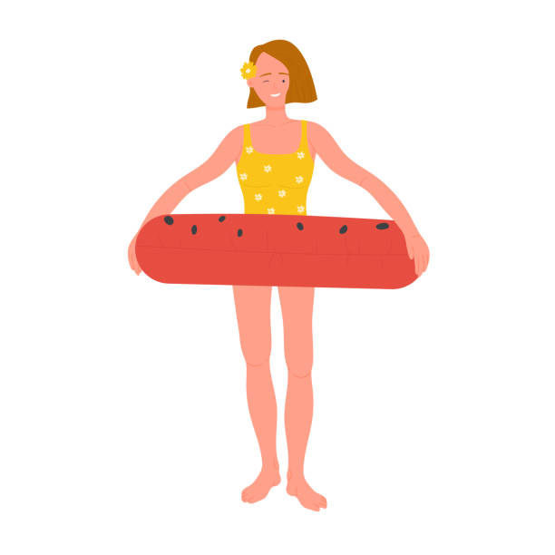 szczęśliwa dziewczynka trzymająca gumowy pierścionek wodny - swimming pool child water park inflatable stock illustrations