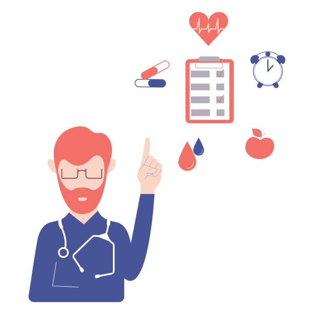 ilustrações de stock, clip art, desenhos animados e ícones de the doctor holds his thumb up, recommends adhering to a diet and regimen. flat cartoon. concept: doctor’s advice, medicine, disease prevention, prevention of epidemics and relapses. vector. - adhering