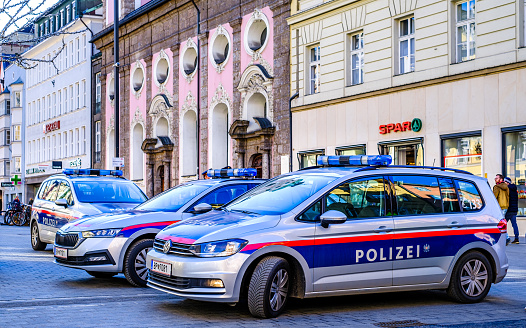 Innsbruck, Austria - January 26: typical police car at the old town of Innsbruck on January 26, 2022