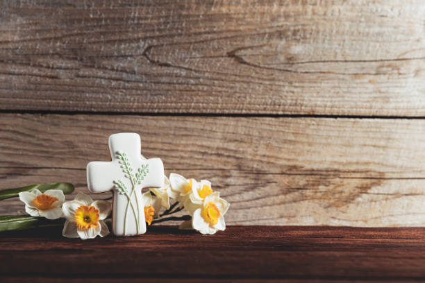 istock Easter holiday conceptual background. Cookie Cross shape on the table 1369396612