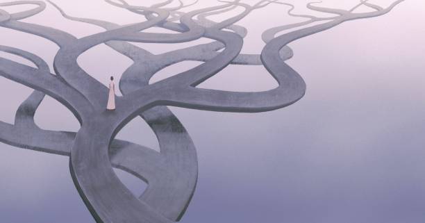 Way Concept idea art of way change and choice. a lonely woman and surreal road. mystery landscape. painting illustration abstract oil painting for beginners stock illustrations