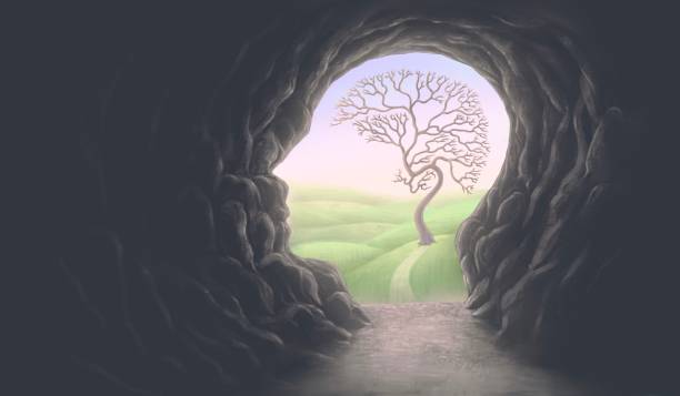 Brain human head cave and a brain tree , idea concept of thinking  hope freedom and mind , surreal artwork, dream art , fantasy landscape, imagination spiritual of nature cave stock illustrations