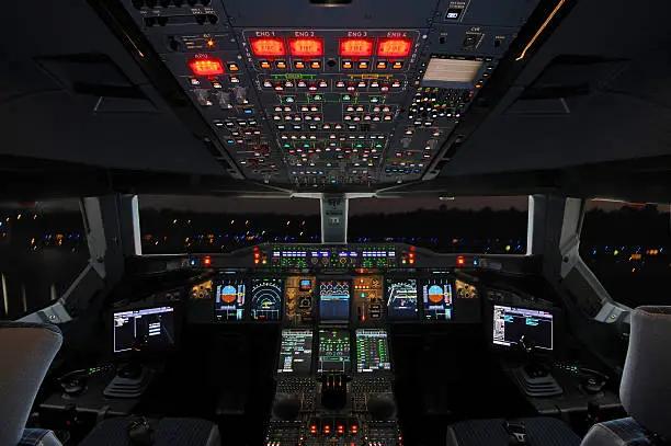 Airbus cockpit at night