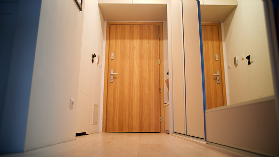 White hallway in apartment with wooden doord